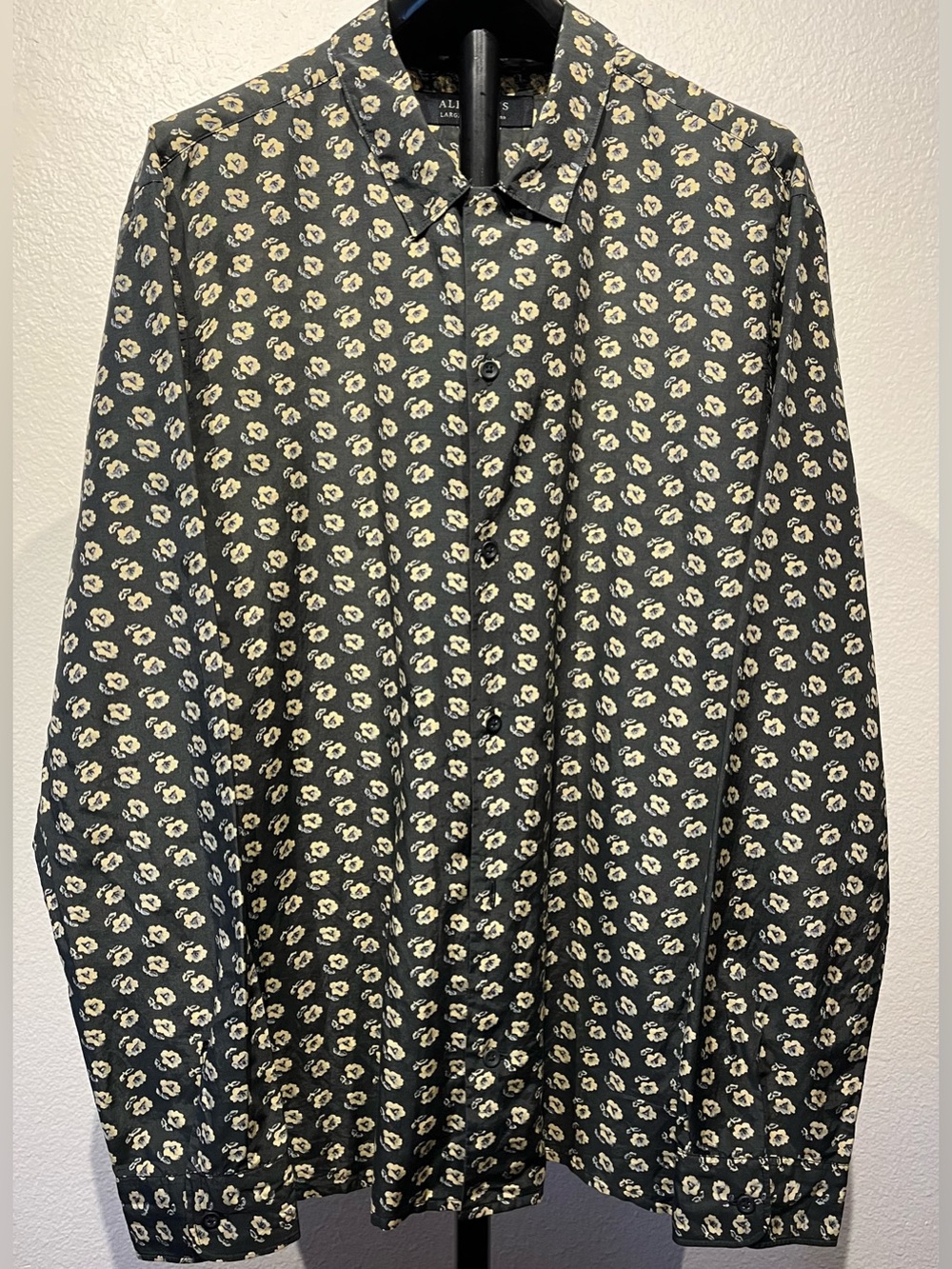 AllSaints Black Floral Cotton-Silk Blend Button-Down Shirt - Size L (Men’s)
